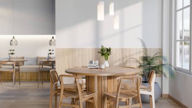 Bir kafe veya restoranda büyük cam pencerenin yanındaki tahta masa ve sandalyeler, ahşap mobilyalar, rahat iç dekorasyon, 3D illüstrasyon.