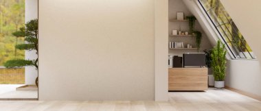 Büyük çatı penceresinin altında köşesinde kahve makinesi olan ahşap bir tezgah. Dinlenme odası ya da kahve köşesi. 3 Boyutlu Hazırlama, 3 Boyutlu Resim.