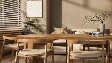 Ahşap kare masa seti ve pencerenin yanında parlak güneş ışığı olan koltuklar. Rahat kütüphane ya da çalışma odası. 3 Boyutlu Hazırlama, 3 Boyutlu Resim.