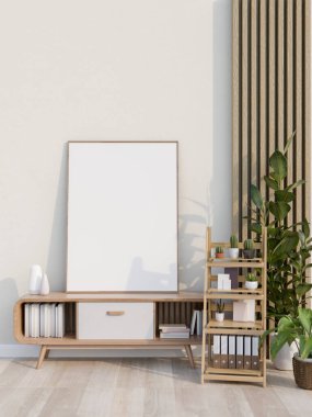 Boş bir çerçeve ya da ahşap masanın üzerinde saksı bitkileriyle dolu beyaz bir duvara yaslanmış bir resim çerçevesi. İç mekan jartiyeri, 3 boyutlu çizim, 3 boyutlu resim.