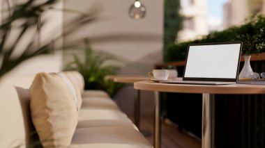 Bahçe terasında kumaş kanepe ya da bir restoranın balkonunda beyaz ekran dizüstü bilgisayar ve kahve fincanı. 3B görüntüleme, 3d illüstrasyon.