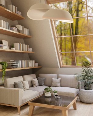 Oturma odasında ya da çalışma odasında yastıklı kumaş kanepeler ve çatı penceresinin altında kare bir masa. Evin içi rahat. 3 Boyutlu Hazırlama, 3 Boyutlu Resim.