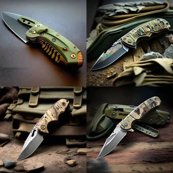 Folding knives beautiful military rare design cutting edge colored handle macro background
