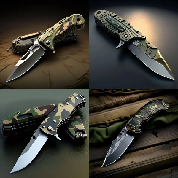 Image generated neural network folding knives beautiful military rare design cutting edge colored handle macro background