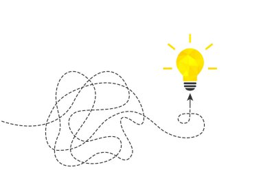 Idea concept with dotted line and light bulb. Dashed line forming a clump of paper and leading to lightbulb in the end. Vector illustration isolated on white background.