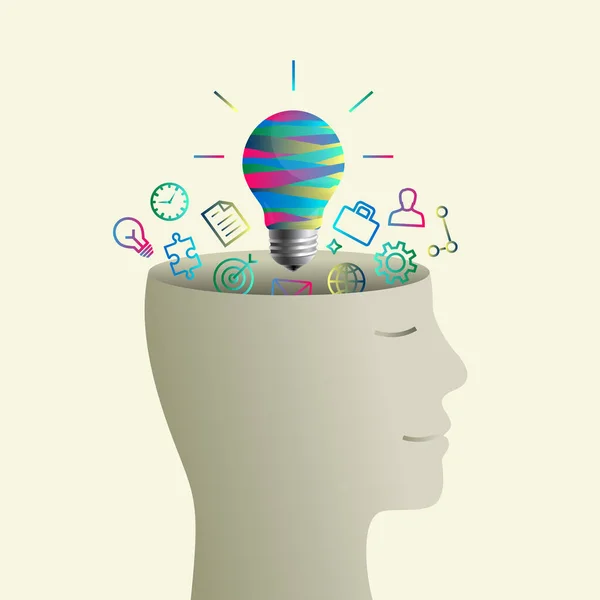 Colorful light bulb inside the head of a person as idea, thinking and innovation concept. Lightbulb as human mind, smile on the face as success and related colourful icons as thinking process symbol.