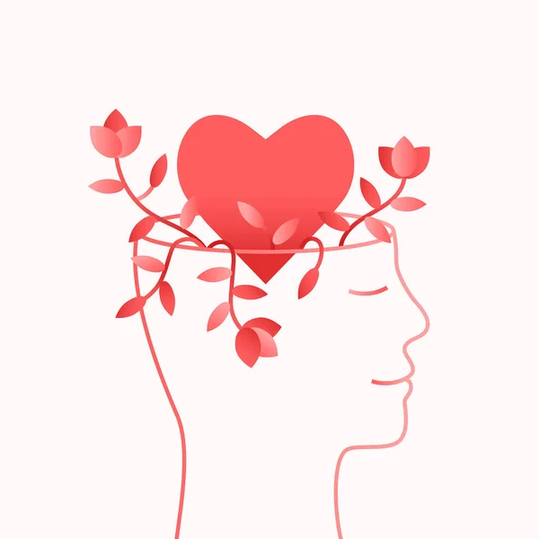 Human Head Face Outline Heart Shape Flowers Plants Mental Health — Stock Vector