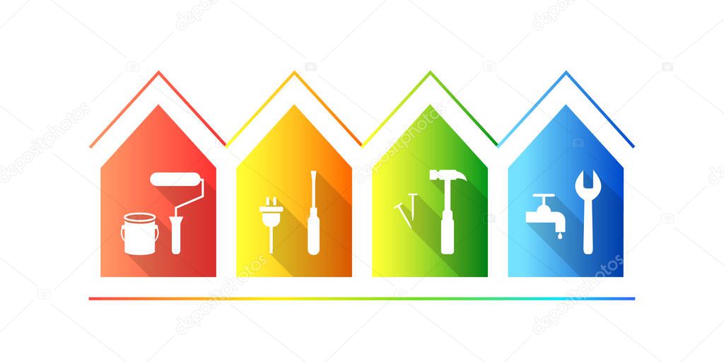Repair, renovation, maintenance or facility management concept with house and work tools. Icon set: paint roller, screwdriver, hammer, wrench tool icons. Home in red, yellow, green and blue colors.