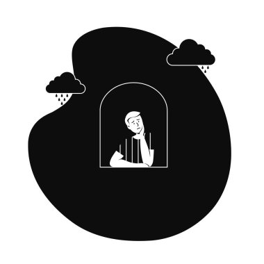 Depresyon, yalnızlık, yalnızlık, endişe, keder veya duygusal acı konsepti. Karanlık bir yerden pencereden dışarı bakan biri. Depresyonda, yalnız, kara bulutlar ve kara yağmur sembolü.