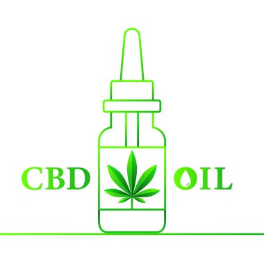 Sanat eserlerinde CBD yağ kavramı. Şişe, pipet ve kenevir yaprağı. Minimalist vektör çizimi beyaz arkaplanda izole edildi.