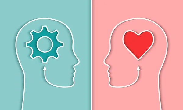 IqとEqまたは右脳と左脳半球の概念の比較 ギアや心の形のシンボルの頭のシルエット 感情的知性的知性的知性的思考 — ストックベクタ