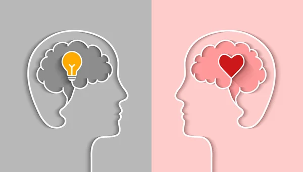 頭のシルエット 輪郭線 電球と概念的なシンボルとして心臓の形を持つIqとEqの概念 脳半球と脳半球の左右の感情的知性的引用符 — ストックベクタ