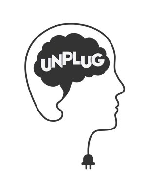 Brain unplug and disconnect concept with head, brain, letters, cable and plug. Unplugging of mind, unplugged and disconnected mental state. Digital break from technology metaphor. clipart