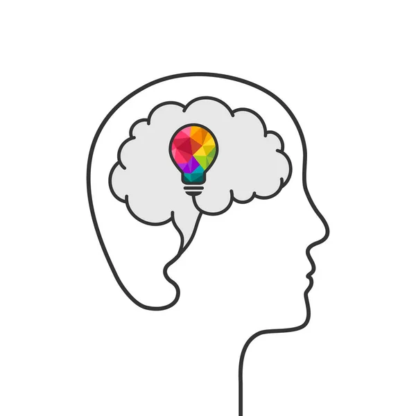 Huvud Silhuett Person Hjärna Kontur Och Glödlampa Med Färger Som — Stock vektor