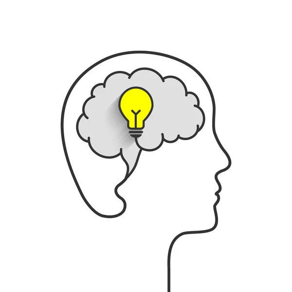 有头部 大脑和灯泡的好主意概念 黄色灯泡象征着思考 线形轮廓和人脸轮廓 心形轮廓 矢量说明 — 图库矢量图片