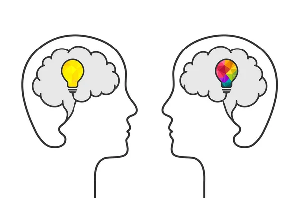 頭のシルエット 脳と電球異なるアイデアの概念として 明るく創造的な思考 人間の心 創造性とアイデアシンボルとして黄色のランプとカラフルな電球との比較 — ストックベクタ