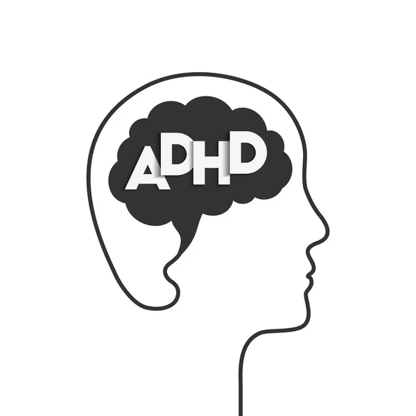 Adhd和大脑的概念 头像轮廓 脸型轮廓 人的大脑和注意力缺乏多动障碍 在白色背景上孤立的向量图 — 图库矢量图片