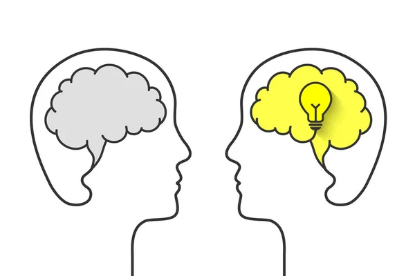 大脑和灯泡作为观念概念 轮廓和面部轮廓 灰心轮廓 黄色灯泡符号 矢量图形