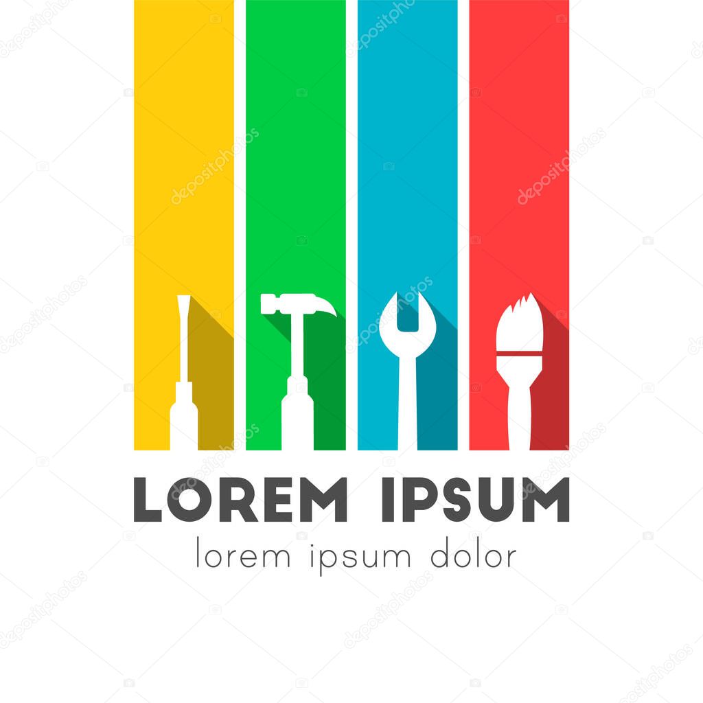 Work tools as repair, maintenance, renovation, fixing, improvement, building, construction symbol. Tool icons as logo design with screwdriver, hammer, wrench, paintbrush. Isolated vector illustration.
