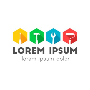 Simge ve logo olarak çalışma araçları. Tornavida, çekiç, anahtar, boya silindiri ve sarı, yeşil, mavi, kırmızı, beyaz arkaplanda izole edilmiş renkli iş aracı simgesi.
