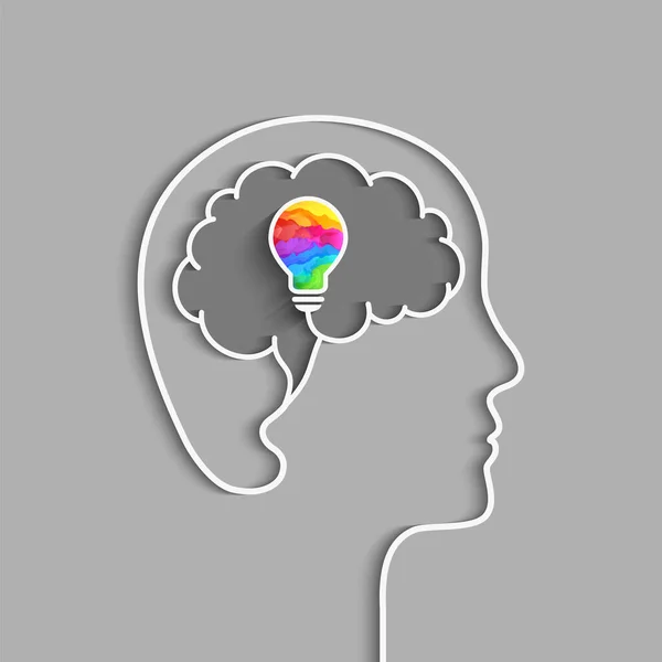 Concepto Pensamiento Idea Creativa Con Cabeza Cerebro Bombilla Colores — Archivo Imágenes Vectoriales