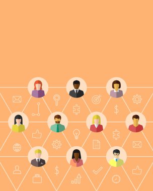 Farklı iş adamlarıyla ve düz dizayn ikonlarıyla ağ ya da takım çalışması konsepti. Grup organizasyonu, bağlantı sembolü olarak ince çizgilerle birbirine bağlı şirket takımı. Bilgisel, simge seti, kopyalama alanı.