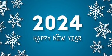 2024 ve Mutlu Yıllar tebrik kartı konsepti olarak mavi arkaplanda beyaz kar taneleri