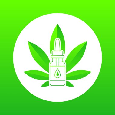 CBD yağı. Kenevir yaprağı, kenevir yağı şişesi ve damla sembollü pipet. Yeşil renkte vektör illüstrasyonu.