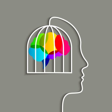 Kafa, kafes ve renkli beyin konsepte kilitlendi