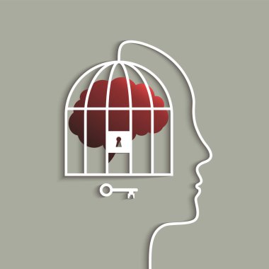 Kafes konsepti, kilit ve anahtar kavramsal sembolü farkındalık, farkındalık ve bilinç metaforu olan insan kafası.