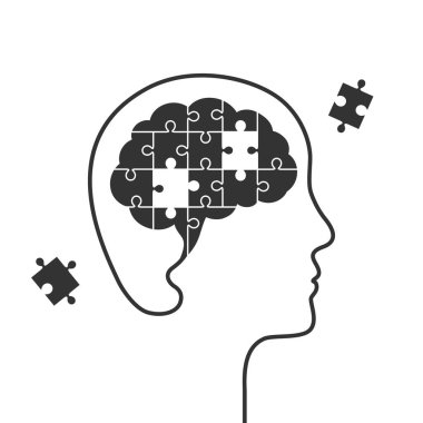 Kafası yapbozdan yapılmış ama bazı parçaları eksik. İnsan aklının düşünme sorunu ve güçlüğü, hafıza kaybı, bunama, Alzheimer hastalığı, akıl hastalığı veya bozukluk kavramı.