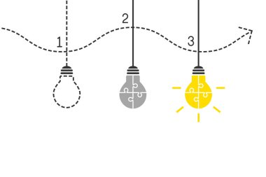 Fikir kavramı, ilerleme ve sarı yapboz parçalarından yapılmış parlak ampul. Yeni icat olarak parlayan parlak ampul, iyi bir çözüm, iş stratejisi, başarı, başarı sembolü.