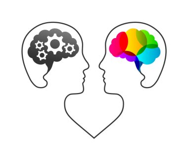 Sol ve sağ beyin ve beyin yarım küresi kavramı. Mantık olarak vites ve analitik düşünce olarak sol beyin, yaratıcılık olarak renkli şekiller ve yaratıcı hayal gücü sembolü olarak sağ beyin.