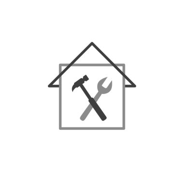 Ev ve iş aletleri konsepti. İnşaat, onarım, onarım, onarım, bakım veya ev iyileştirme sembolü olarak anahtarlama ve çekiç aleti. Beyaz arkaplanda izole edilmiş vektör illüstrasyon, logo veya simge.