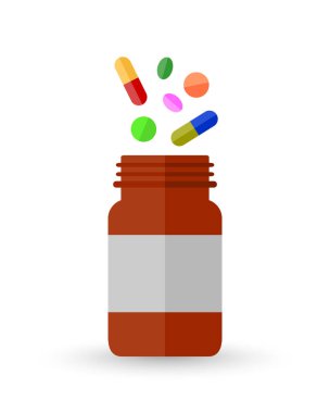 Kahverengi cam hap şişesi ve kavanozun üzerinde farklı renkte haplar, kapsüller ve tabletler var. Vektör illüstrasyonu beyaz arkaplanda izole edildi.