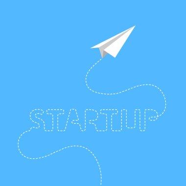 Gökyüzünde uçan beyaz kağıt uçak ile şirket, şirket ya da proje konsepti noktalı bir çizgi izi, seyahat yolu ve uçuş yolu bırakarak kelime ve harfler oluşturur.