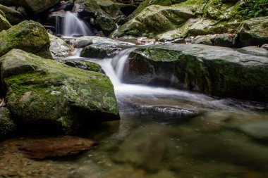 Poring Hot Spring ve Doğa Rezervi yakınlarındaki Kipungit Şelalesi 'nden akan suyun manzarası, Sabah, Malezya