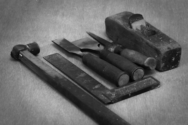 Různé Nástroje Používané Při Tesařských Pracích Pracovní Stůl Nářadím Tesaře — Stock fotografie