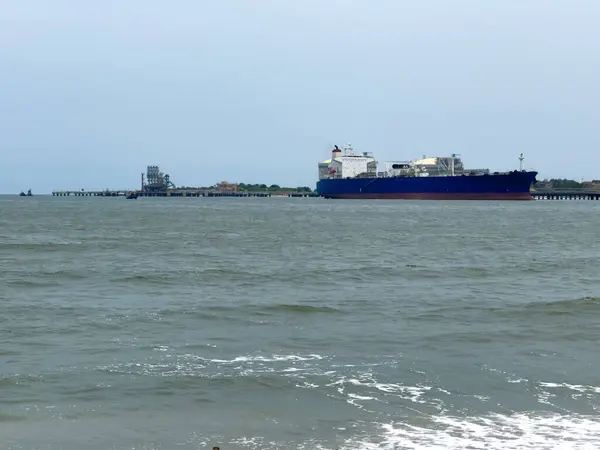 stock image View of a huge ship anchored along the cochin harbout seen from the Vasco Da Gama Square, Fort Kochi, Kerala.