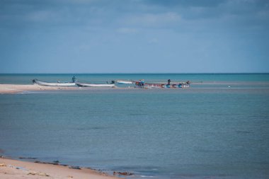 Dhanushkodi, Tamil Nadu, Hindistan - 10 Ekim 2024: Resimli ve sakin bir sahil şeridinin ortasında Dhanushkodi Sahili 'nde balıkçı tekneleri.