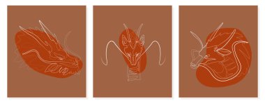 Farklı üç ejderha çizgisi çizimlerinden oluşan bir set. Bir çizgi sanat karakteri, basit el çizimi Asyalı elementler. Ejderhanın 2024 yılındaki Çin Yeni Yılı. Vektör illüstrasyonu