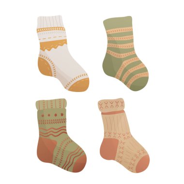 Knitting socks elements. Set of elements for knitting hobby. Warm clothes, cozy winter. Isolated vector illustration for poster, banner, cover, card.