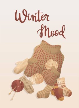 Postcard with knitting elements and handwritten lettering 