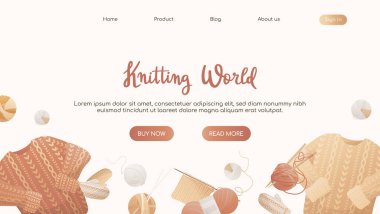 Threads and sweaters with lettering. Warm clothes, cozy winter for website, landing page. Flat vector illustration for poster, banner, advertising, cover. Knitting hand made products poster concept
