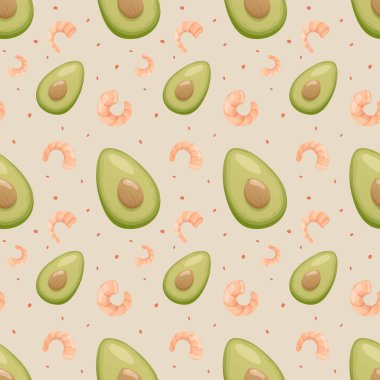 Avokado, karides ve tohumlarla kusursuz desen. Sağlıklı beslenme, beslenme, diyet, yemek pişirme, taze gıda konsepti. Ürün tasarımı, hatıra defteri, tekstil, ambalaj için mükemmel