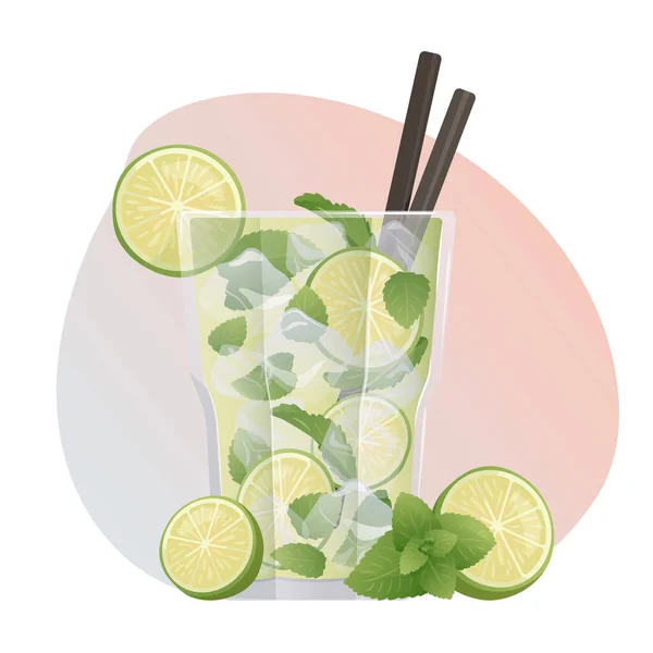 Cocktail Sucré Coloré Mojito Avec Glace Citron Vert Menthe Vacances — Image vectorielle