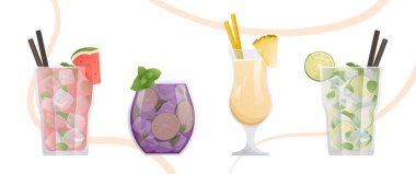 Farklı kokteyller. Mojito, Manhattan, Pina Colada. Plaj tatilleri, yaz tatili, parti, kafe bar, eğlence konsepti. Pankart ve menü için vektör illüstrasyonu.