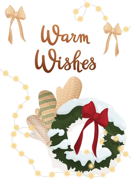 Ταχυδρομική Κάρτα Χειρόγραφα Γράμματα Warm Wishes Γιρλάντα Χιονισμένο Στεφάνι Χριστουγέννων — Διανυσματικό Αρχείο