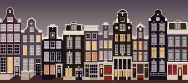 Tarihsel Amsterdam tarzı poster. Damrak Caddesi, Baraj Meydanı ile Merkez İstasyon arasında. Avrupa 'nın tarihi yerleri. Hollanda Mimarisi.