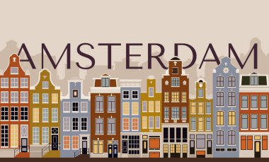 Tarihi Amsterdam tarzı simgeler için poster. Damrak Caddesi, Baraj Meydanı ile Merkez İstasyon arasında. Avrupa 'nın tarihi yerleri. Hollanda Mimarisi.